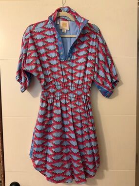 Emily McCarthy Blue & Pink Patterned Mini Dress with Smocked Waist